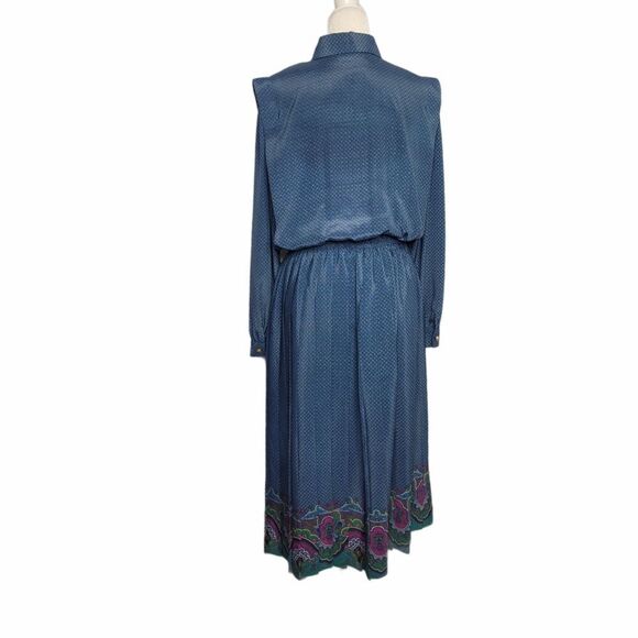VINTAGE 80s dress blue‎ pleated paisley button up midi L - Picture 3 of 9
